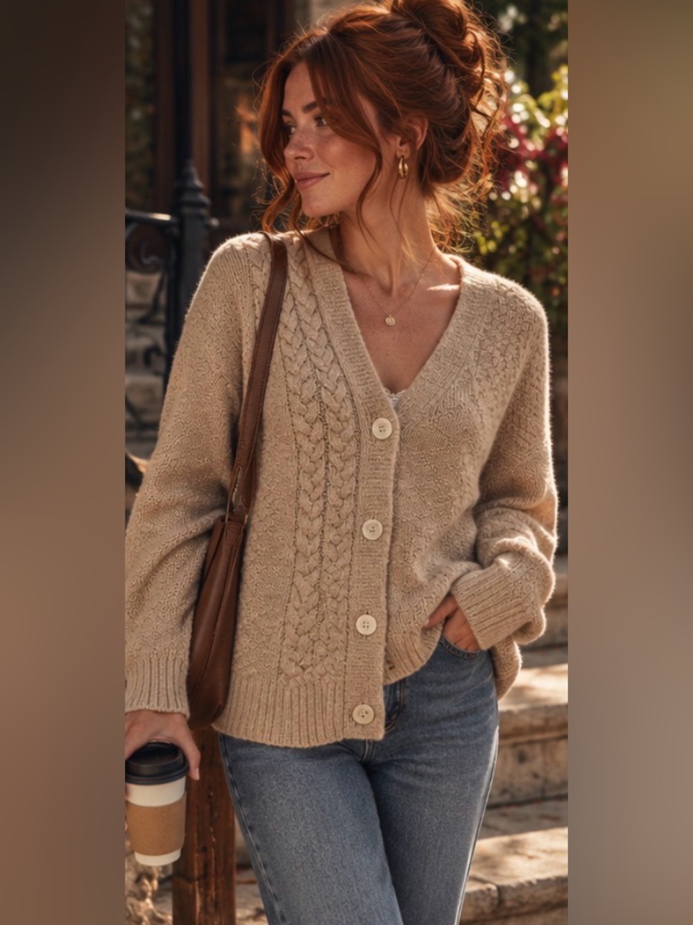 Cabi Neighbor Cardigan Heather Camel Cable Knit Grandpa Sweater